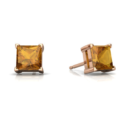 24k Rose Gold Plated 2 Cttw Citrine Princess Cut Stud Earrings