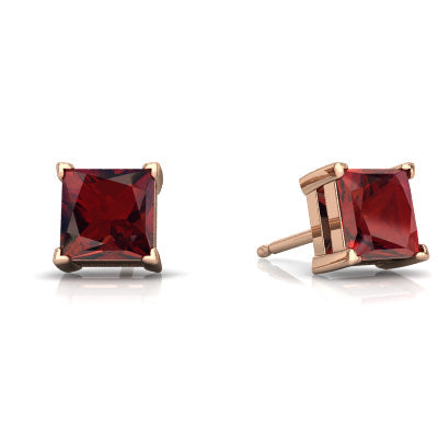 24k Rose Gold Plated 2 Cttw Garnet Princess Cut Stud Earrings