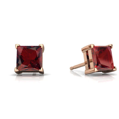 18k Rose Gold 1/4 Ct Garnet Princess Cut Stud Earrings 4mm Plated