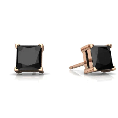 18k Rose Gold 1/2 Ct Black Sapphire Princess Cut Stud Earrings 6mm Plated