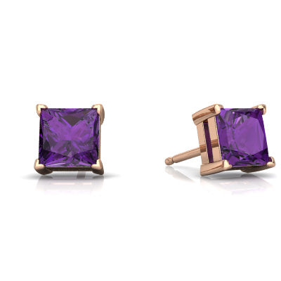 18k Rose Gold 1/2 Ct Amethyst Princess Cut Stud Earrings 6mm Plated