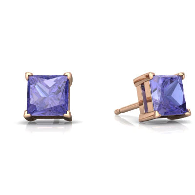 18k Rose Gold 1/4 Ct Tanzanite Princess Cut Stud Earrings 4mm Plated