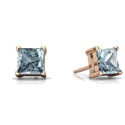 24k Rose Gold Plated 2 Cttw Aquamarine Princess Cut Stud Earrings