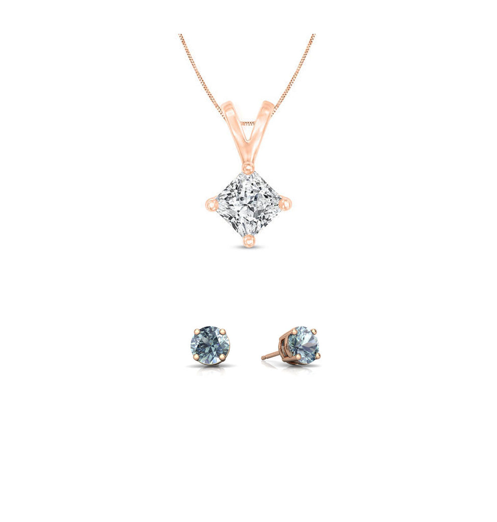 18K Rose Gold 2ct Aquamarine Princess Cut 18 Inch Necklace and Round Earrings Set Plated