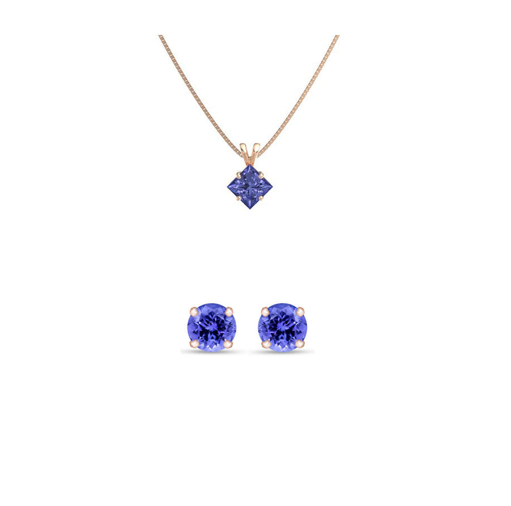 18K Rose Gold 3ct Tanzanite Princess Cut 18 Inch Necklace and Round Earrings Set Plated