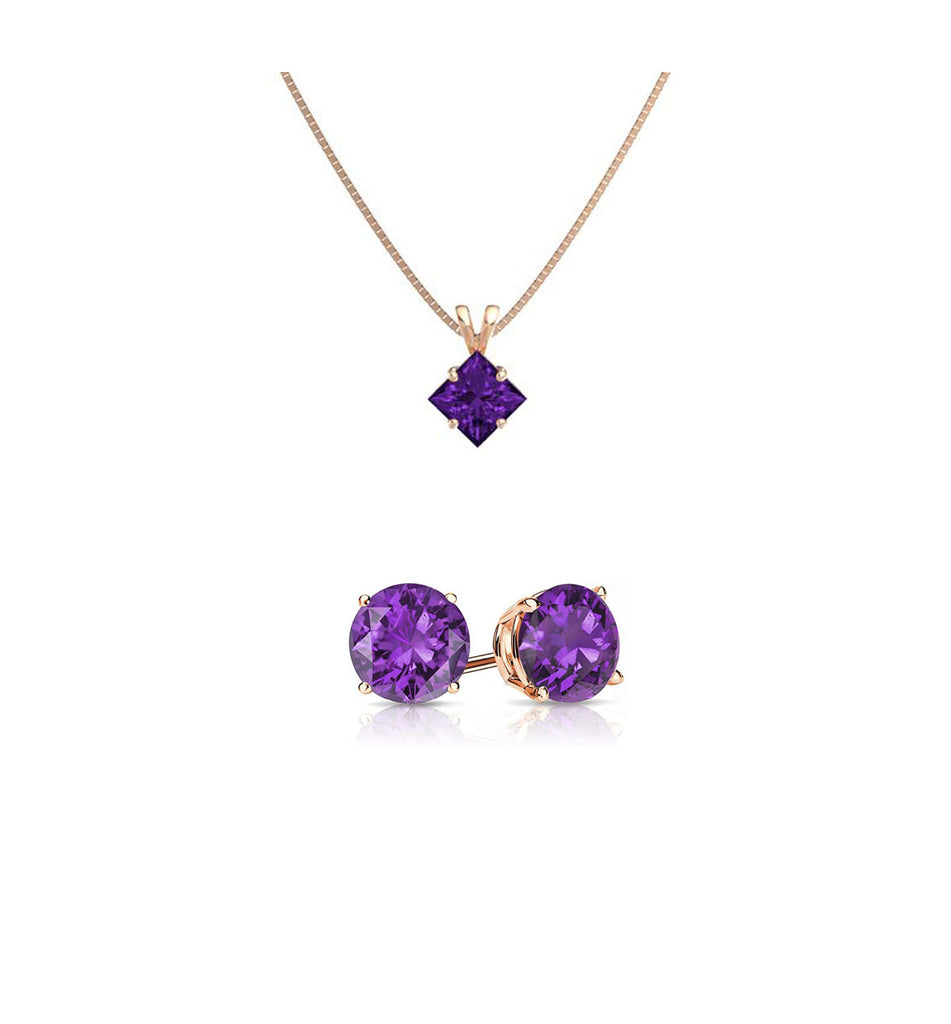 18K Rose Gold 3ct Amethyst Princess Cut 18 Inch Necklace and Round Earrings Set Plated