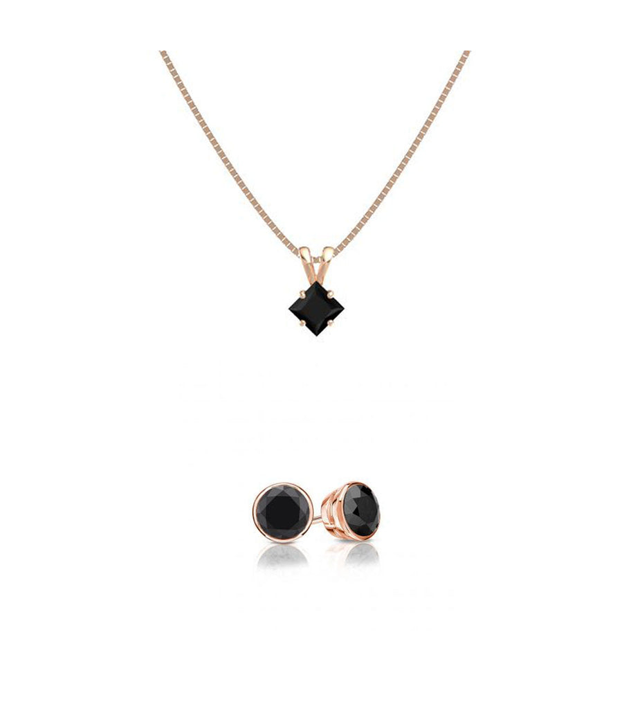 18K Rose Gold 2ct Black Sapphire Princess Cut 18 Inch Necklace and Round Earrings Set Plated