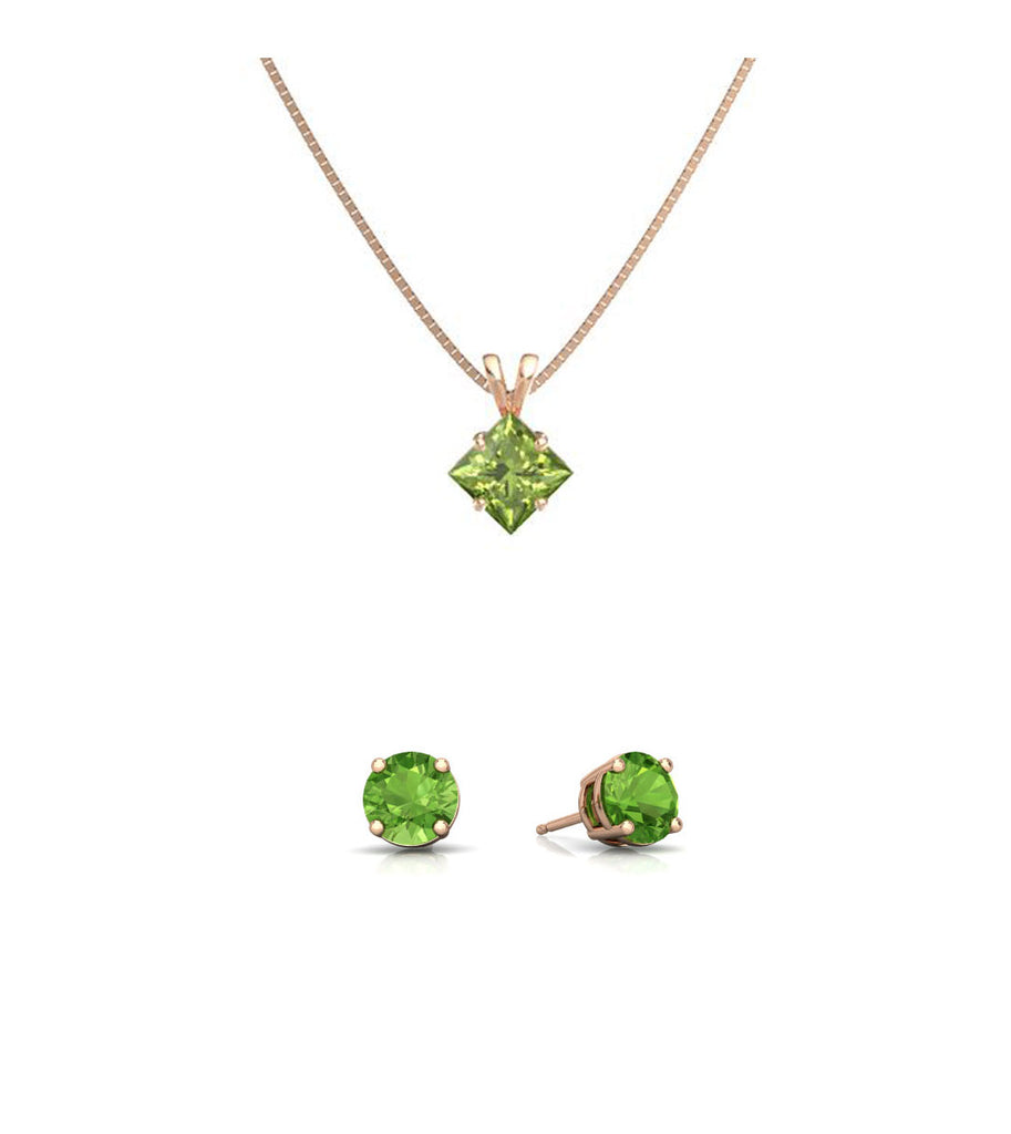 18K Rose Gold 1ct Peridot Princess Cut 18 Inch Necklace and Round Earrings Set Plated
