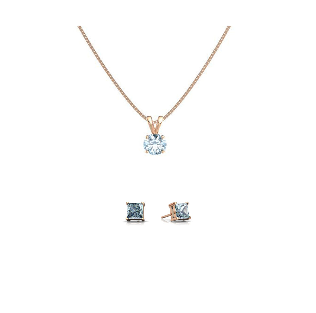 18K Rose Gold 1/2ct Aquamarine Round 18 Inch Necklace and Square Earrings Set Plated