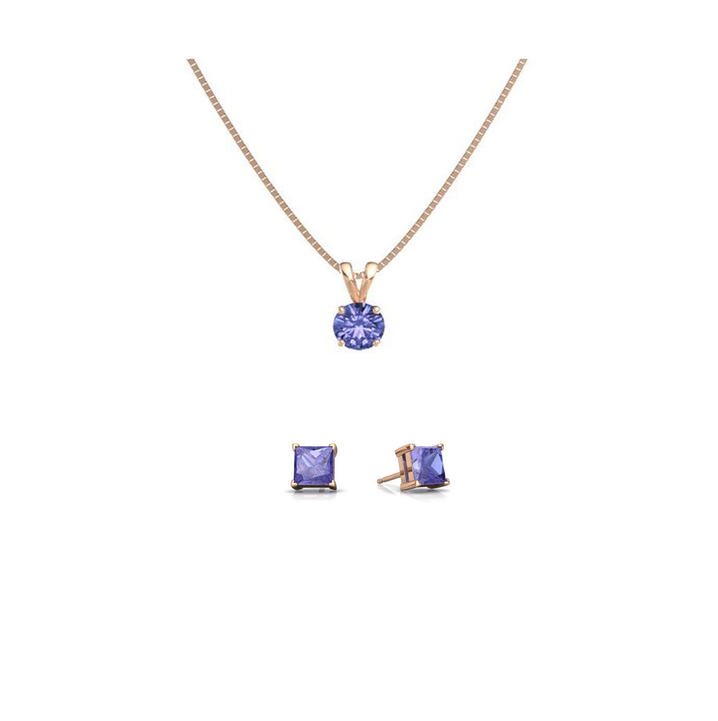 18K Rose Gold 3ct Tanzanite Round 18 Inch Necklace and Square Earrings Set Plated