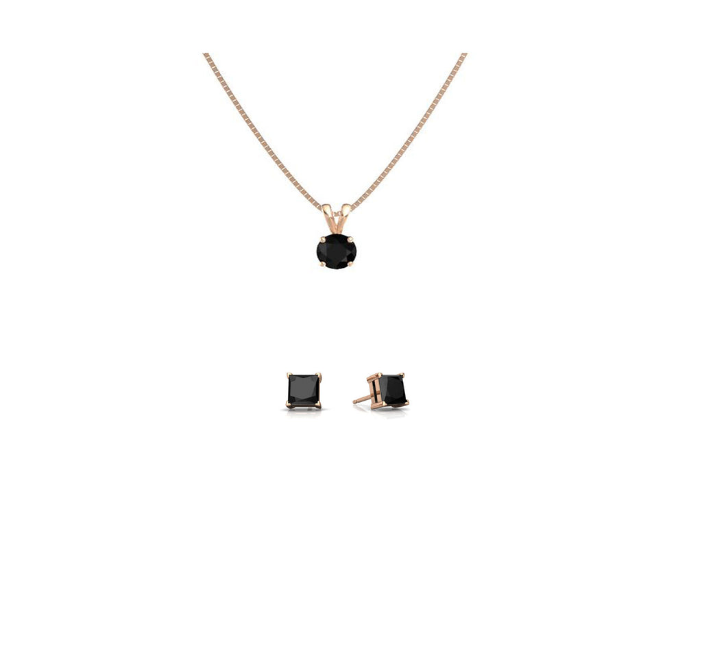 18K Rose Gold 1ct Black Sapphire Round 18 Inch Necklace and Square Earrings Set Plated