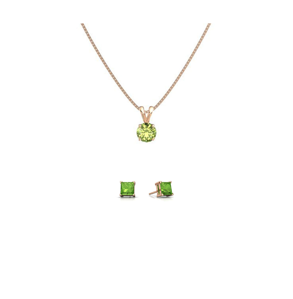 18K Rose Gold 2ct Peridot Round 18 Inch Necklace and Square Earrings Set Plated