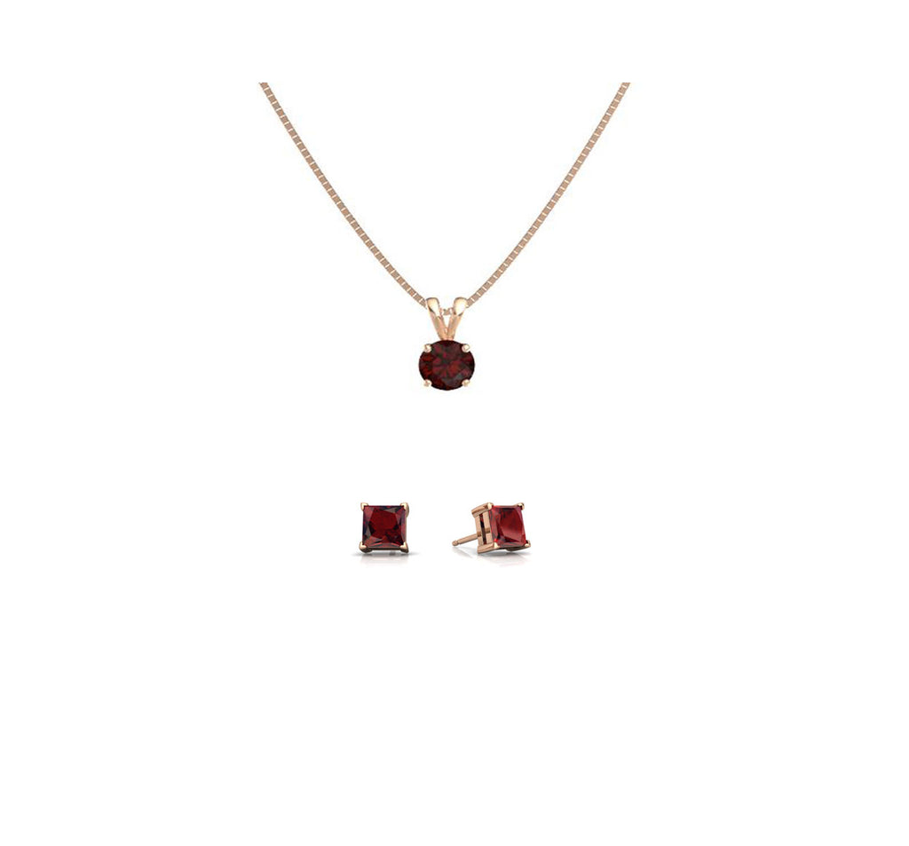 18K Rose Gold 3ct Garnet Round 18 Inch Necklace and Square Earrings Set Plated