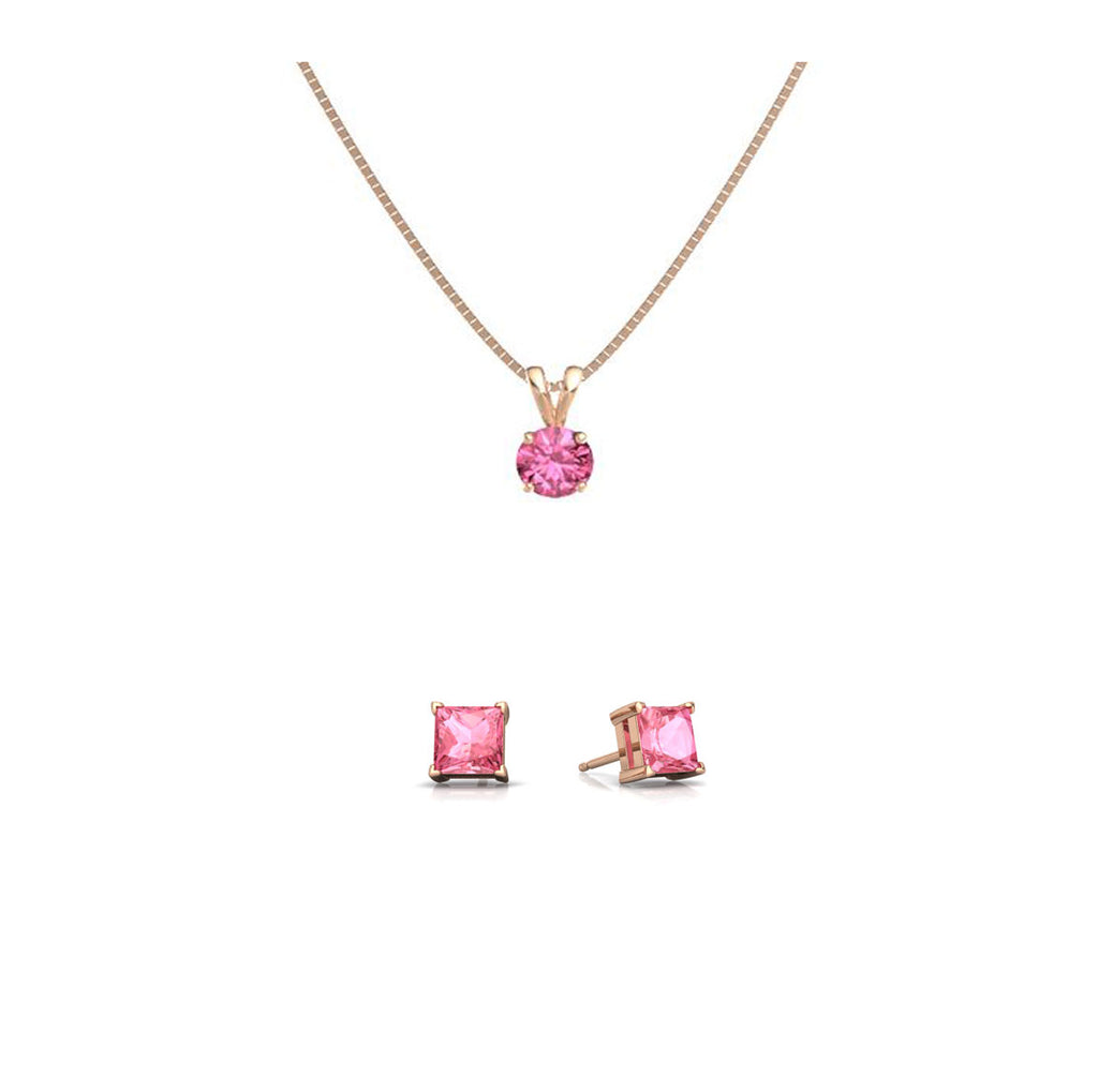 18K Rose Gold 1ct Pink Sapphire Round 18 Inch Necklace and Square Earrings Set Plated
