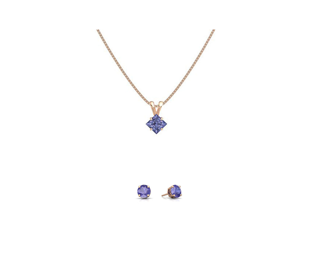 18K Rose Gold 3ct Tanzanite Square 18 Inch Necklace and Round Earrings Set Plated