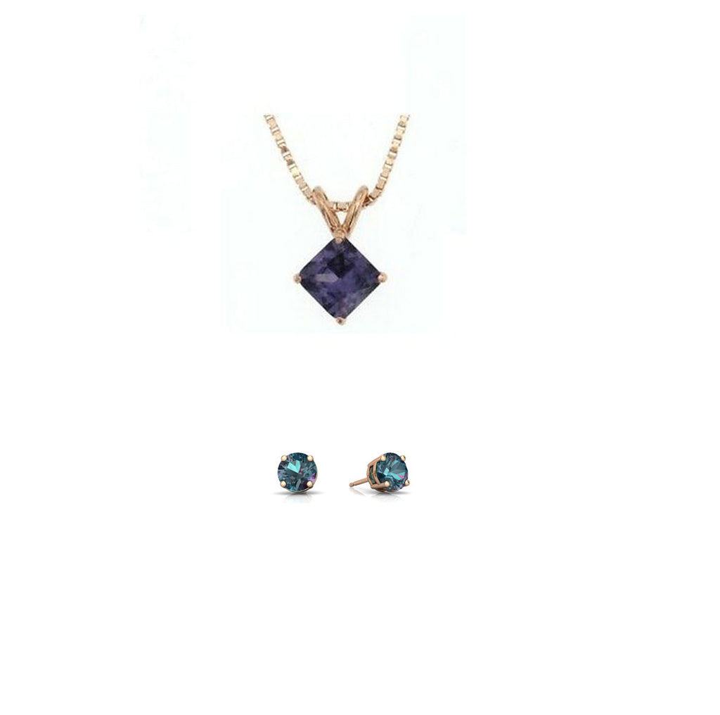18K Rose Gold 3ct Alexandrite Square 18 Inch Necklace and Round Earrings Set Plated