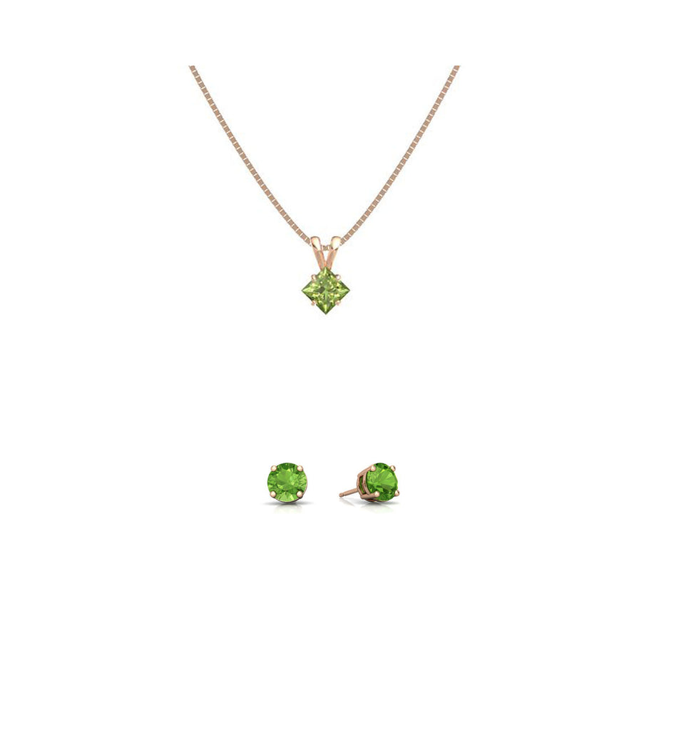 18K Rose Gold 1/2ct Peridot Square 18 Inch Necklace and Round Earrings Set Plated