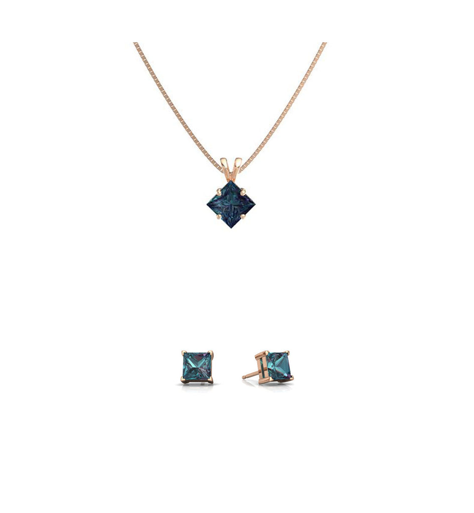 18K Rose Gold 4ct Alexandrite Square 18 Inch Necklace and Earrings Set Plated