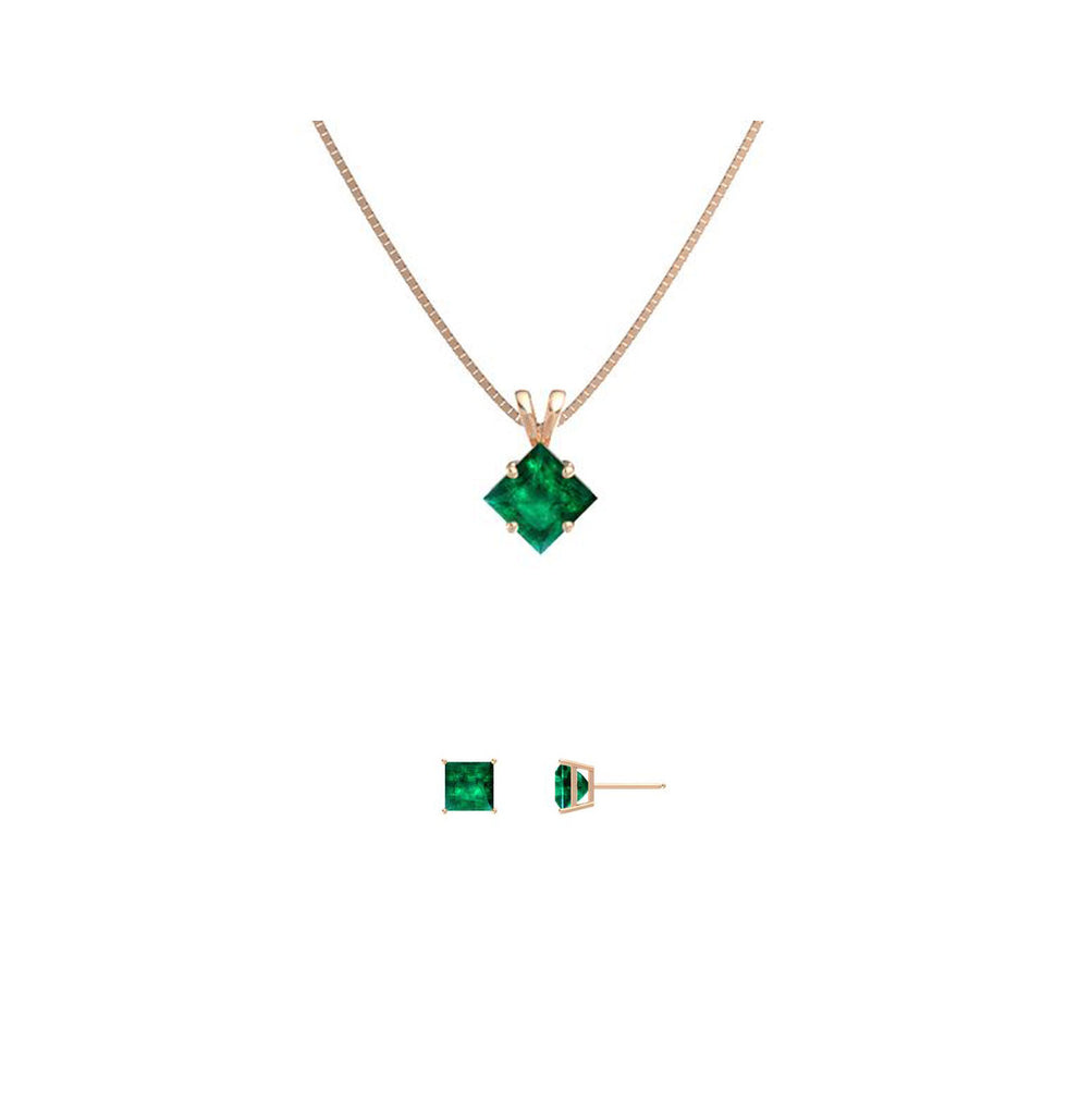 18K Rose Gold 1/2ct Emerald Square 18 Inch Necklace and Earrings Set Plated
