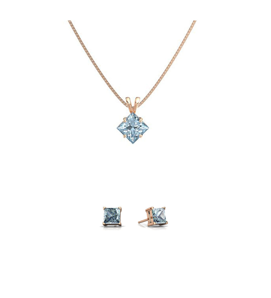 18K Rose Gold 3ct Aquamarine Square 18 Inch Necklace and Earrings Set Plated