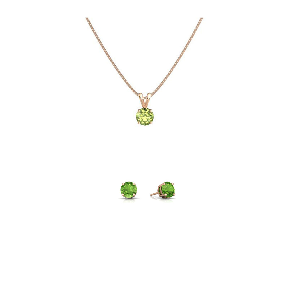 18K Rose Gold 4ct Peridot Round 18 Inch Necklace and Earrings Set Plated
