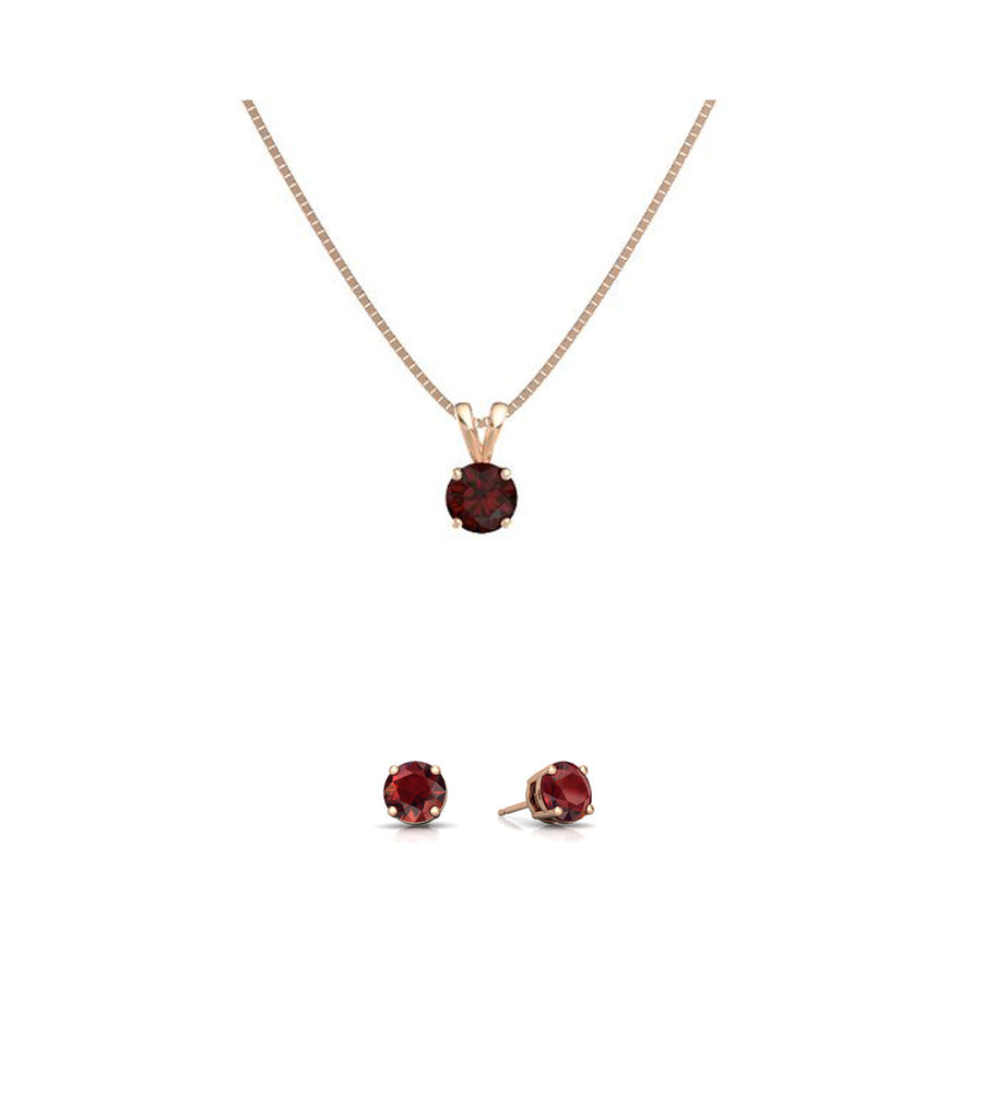 18K Rose Gold 4ct Garnet Round 18 Inch Necklace and Earrings Set Plated