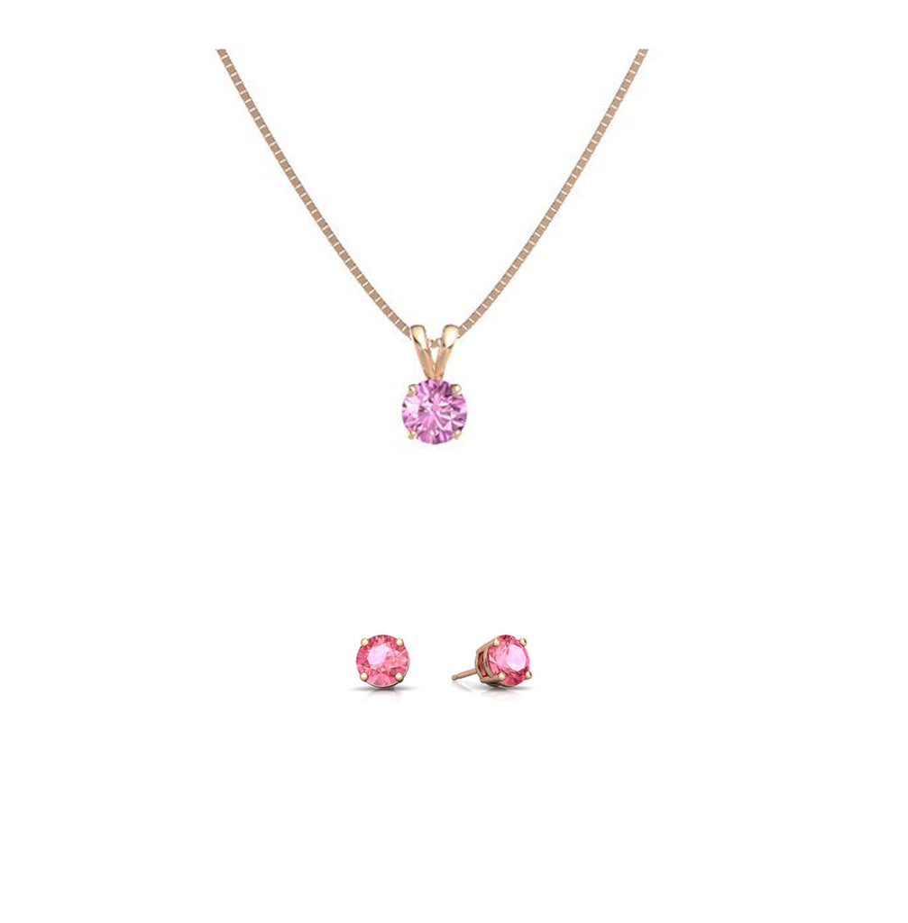 18K Rose Gold 1ct Pink Sapphire Round 18 Inch Necklace and Earrings Set Plated