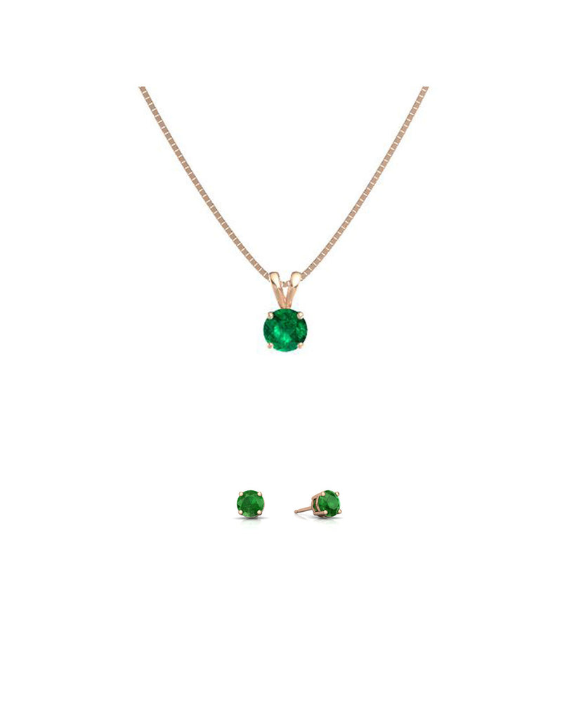 18K Rose Gold 1ct Emerald Round 18 Inch Necklace and Earrings Set Plated