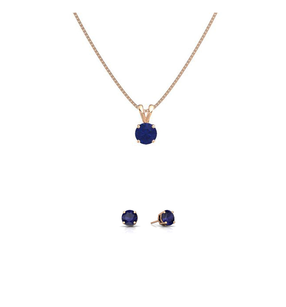 18K Rose Gold 3ct Blue Sapphire Round 18 Inch Necklace and Earrings Set Plated