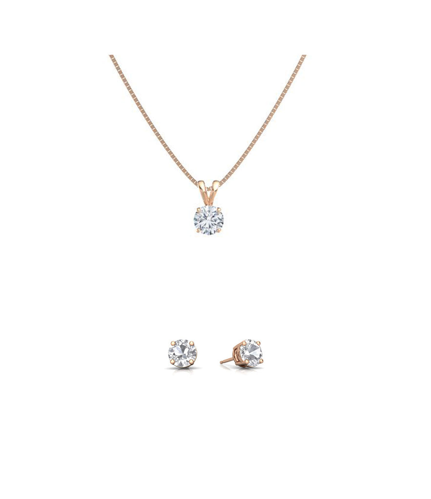 18K Rose Gold Round 1/2ct White Sapphire Round 18 Inch Necklace and Earrings Set Plated