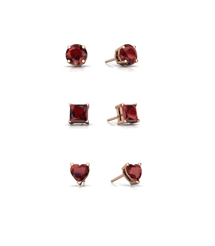 18k Rose Gold Plated 4mm Created Garnet 3 Pair Round, Square and Heart Stud Earrings