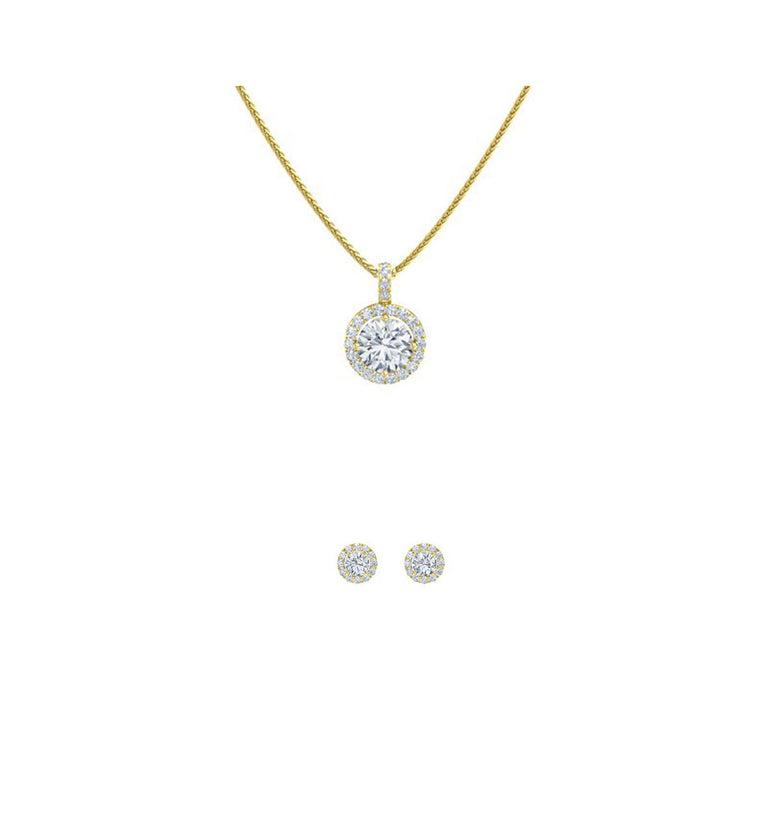 18K Yellow Gold 1ct Halo White Sapphire Round 18 Inch Necklace and Halo Earrings Set Plated