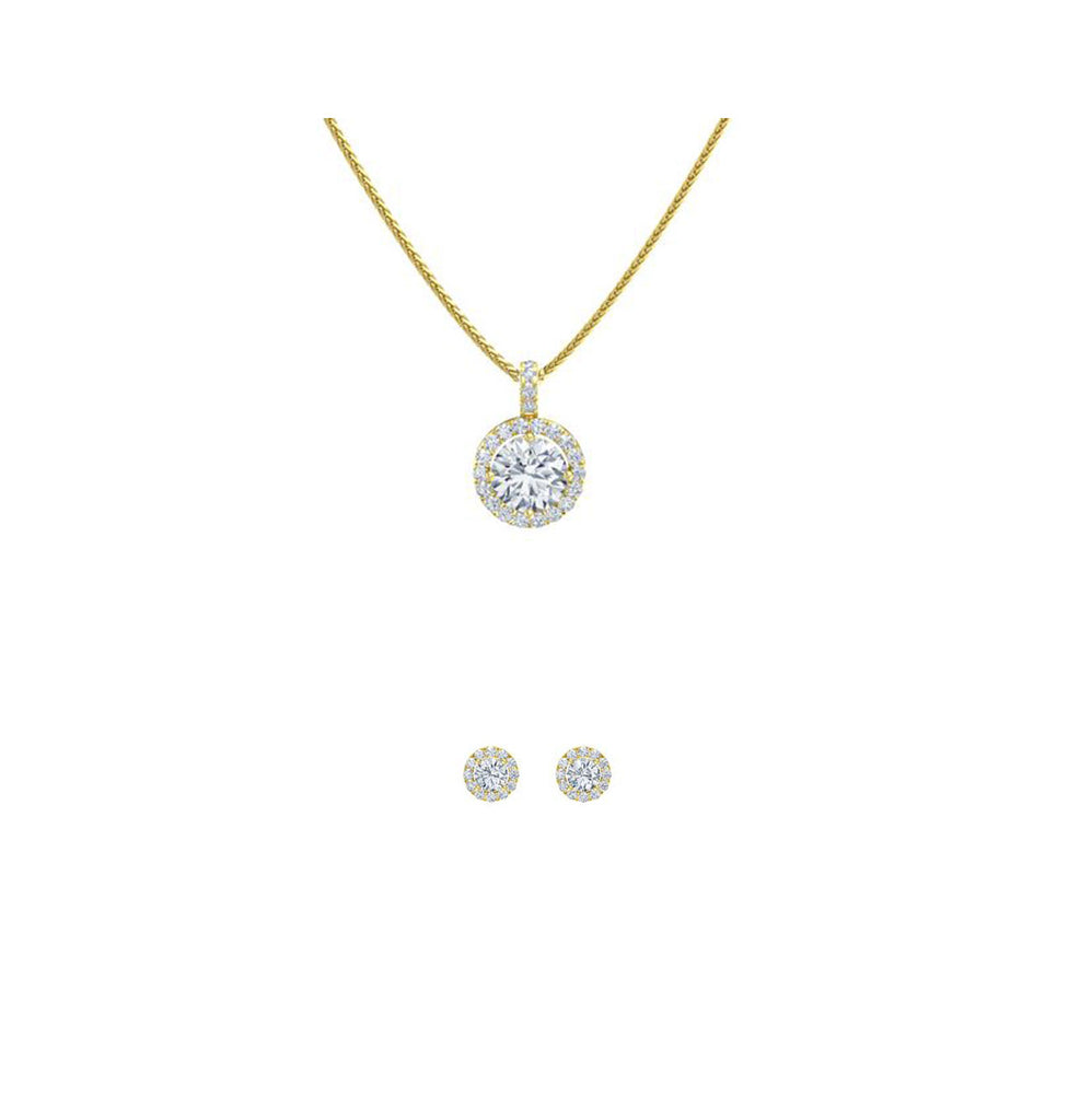 18K Yellow Gold 3ct Halo White Sapphire Round 18 Inch Necklace and Halo Earrings Set Plated