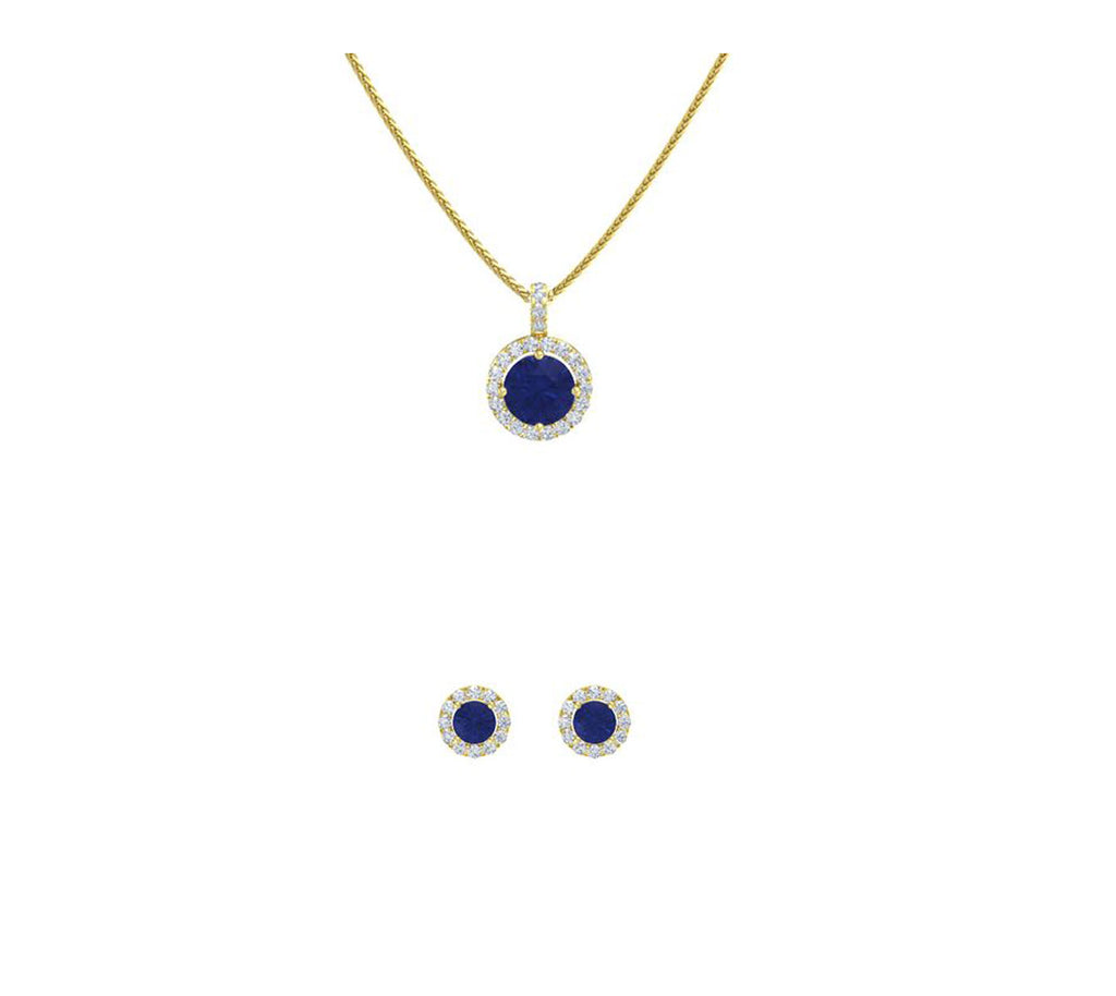 18K Yellow Gold 2ct Halo Blue Sapphire Round 18 Inch Necklace and Halo Earrings Set Plated