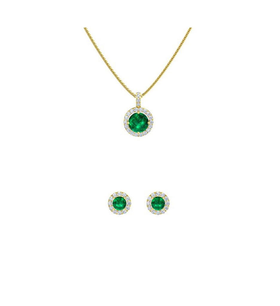 18K Yellow Gold 2ct Halo Emerald Round 18 Inch Necklace and Halo Earrings Set Plated