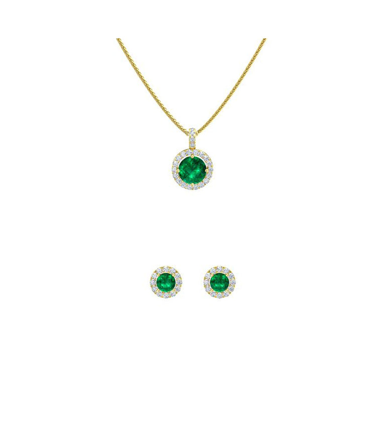 18K Yellow Gold 1ct Halo Emerald Round 18 Inch Necklace and Halo Earrings Set Plated