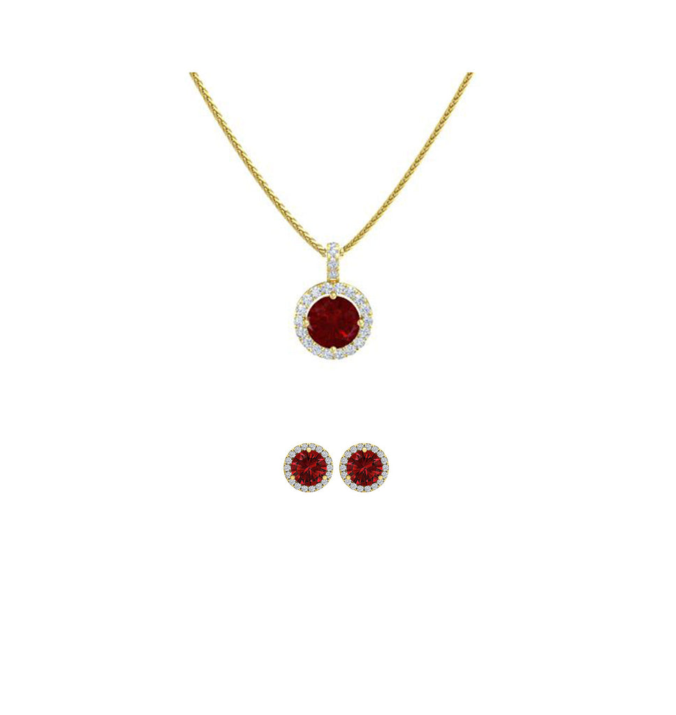 18K Yellow Gold 2ct Halo Ruby Round 18 Inch Necklace and Halo Earrings Set Plated