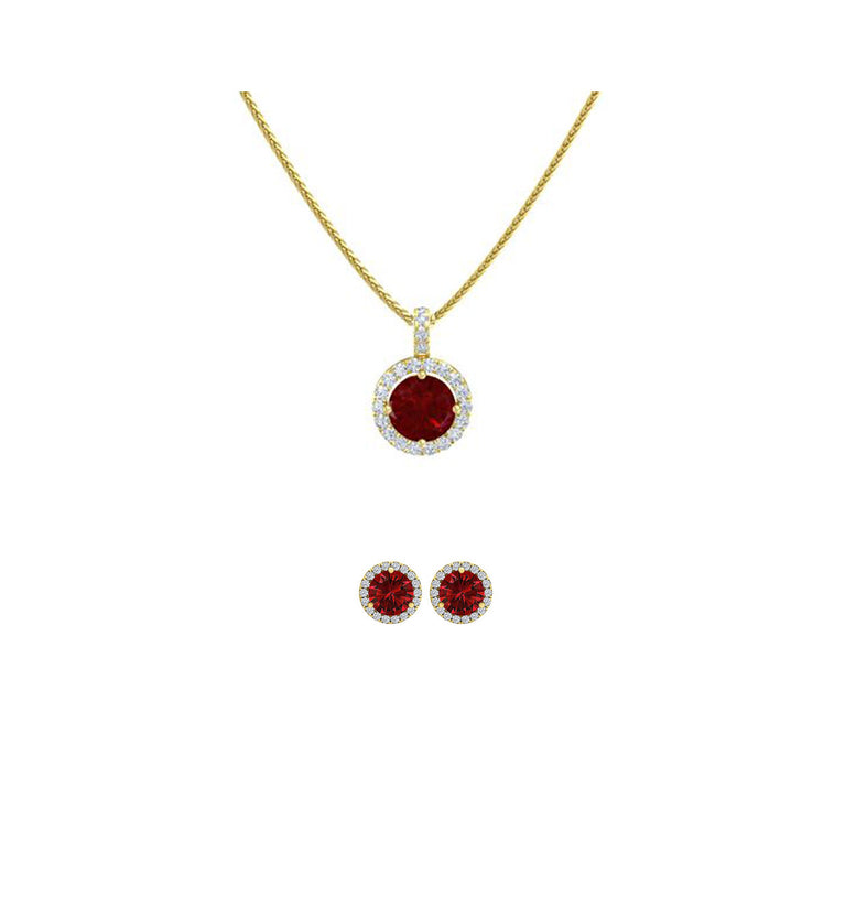 18K Yellow Gold 1ct Halo Ruby Round 18 Inch Necklace and Halo Earrings Set Plated