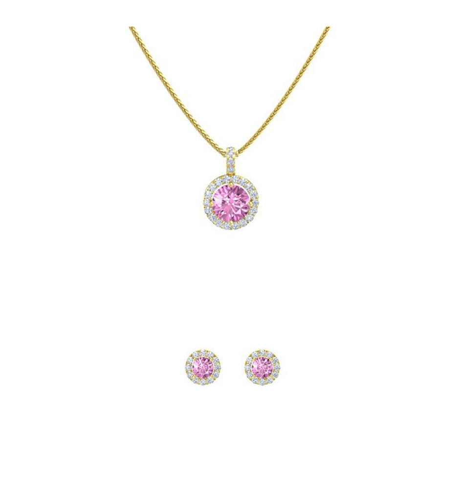 18K Yellow Gold 1ct Halo Pink Sapphire Round 18 Inch Necklace and Halo Earrings Set Plated
