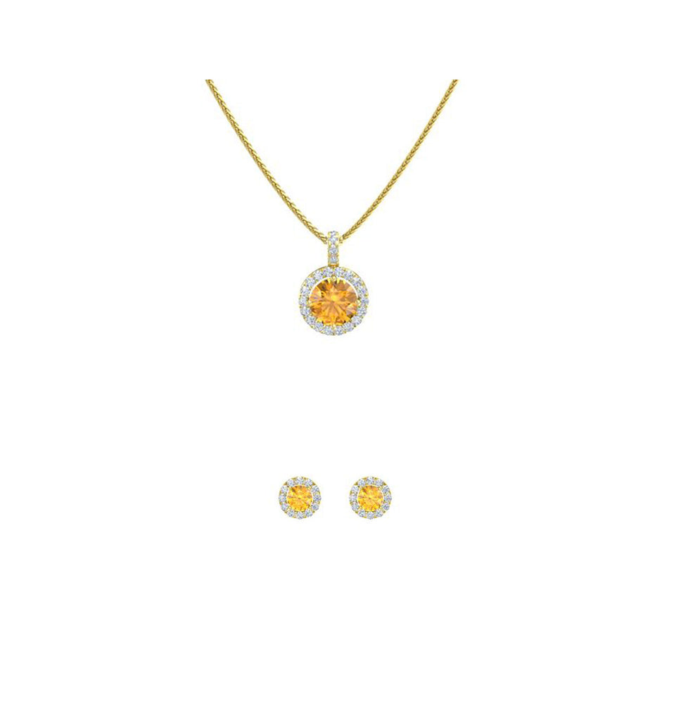 18K Yellow Gold 2ct Halo Citrine Round 18 Inch Necklace and Halo Earrings Set Plated