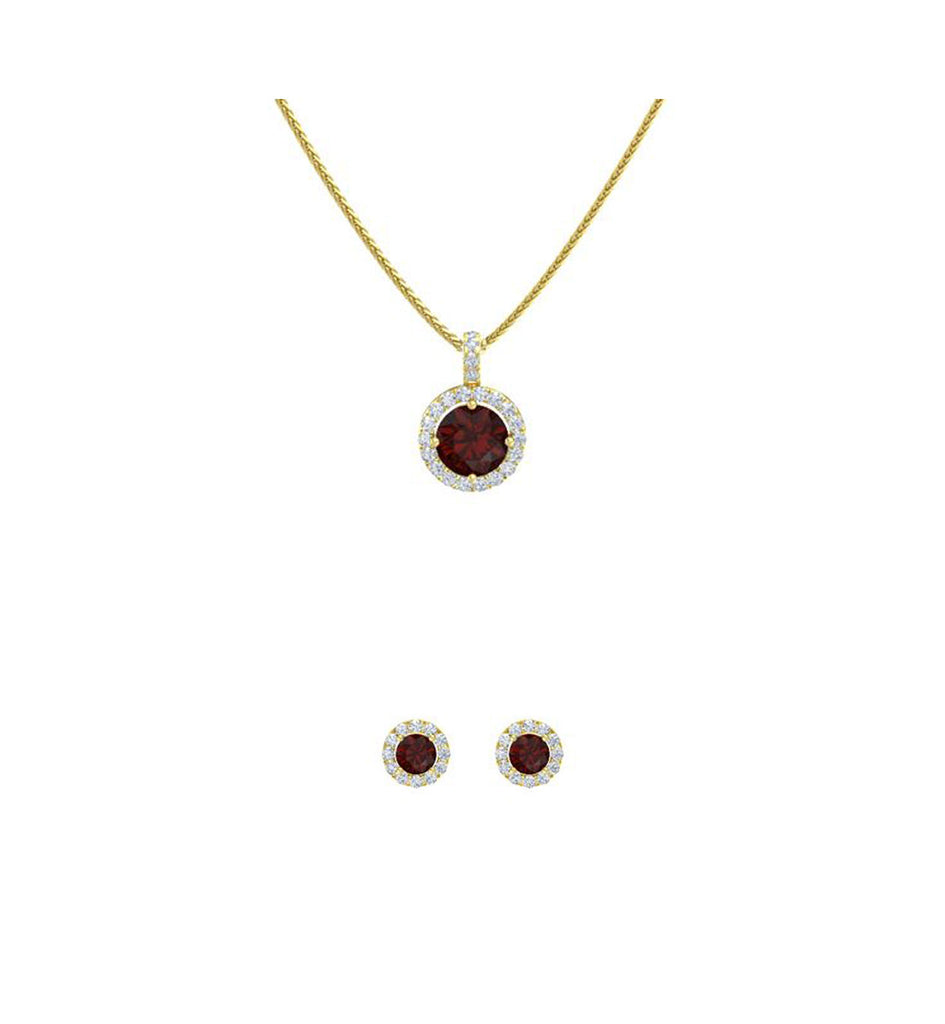 18K Yellow Gold 2ct Halo Garnet Round 18 Inch Necklace and Halo Earrings Set Plated