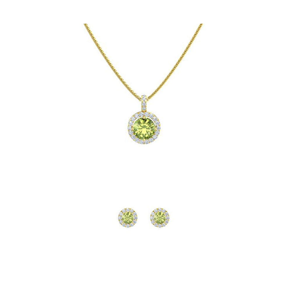 18K Yellow Gold 1ct Halo Peridot Round 18 Inch Necklace and Halo Earrings Set Plated