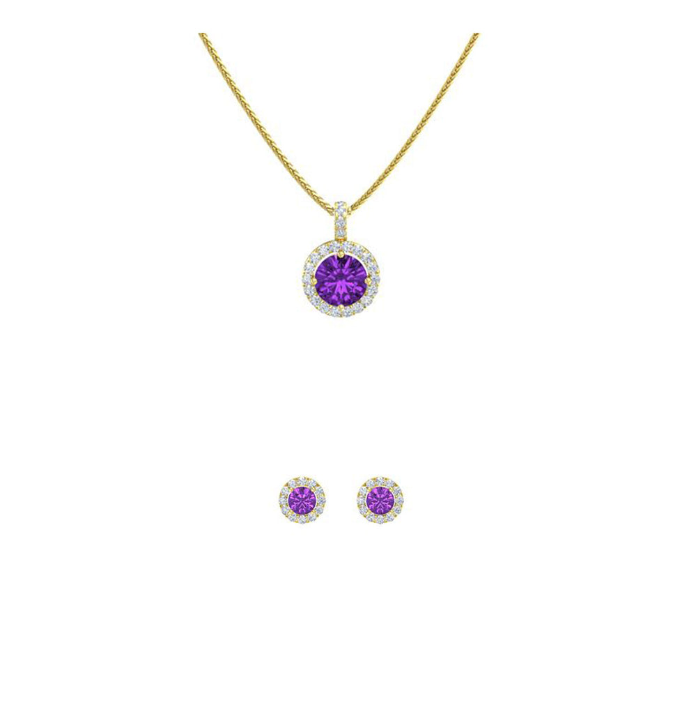 18K Yellow Gold 1/2ct Halo Amethyst Round 18 Inch Necklace and Halo Earrings Set Plated