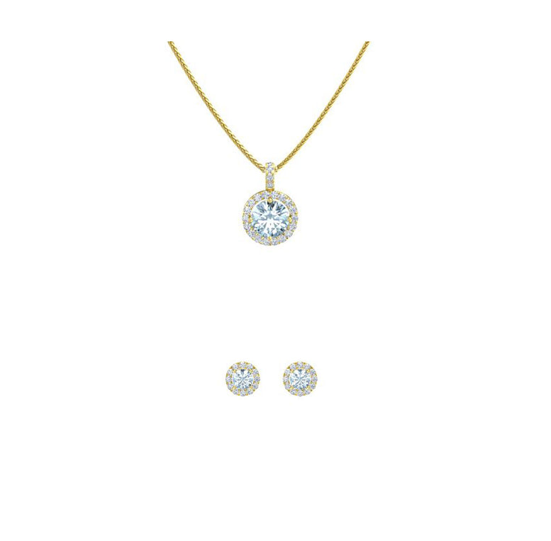18K Yellow Gold 4ct  Halo Aquamarine Round 18 Inch Necklace and Halo Earrings Set Plated