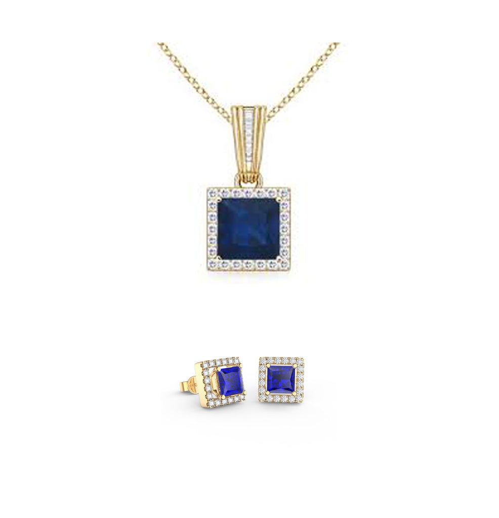 18K Yellow Gold 1/2ct Halo Blue Sapphire Square 18 Inch Necklace and Halo Earrings Set Plated
