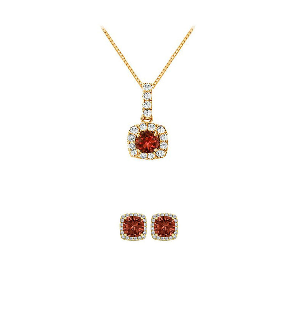 18K Yellow Gold 2ct Halo Garnet Square 18 Inch Necklace and Halo Earrings Set Plated