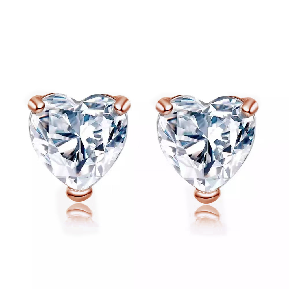 14k Rose Gold Plated 1 Carat Heart Created White Sapphire Stud Earrings