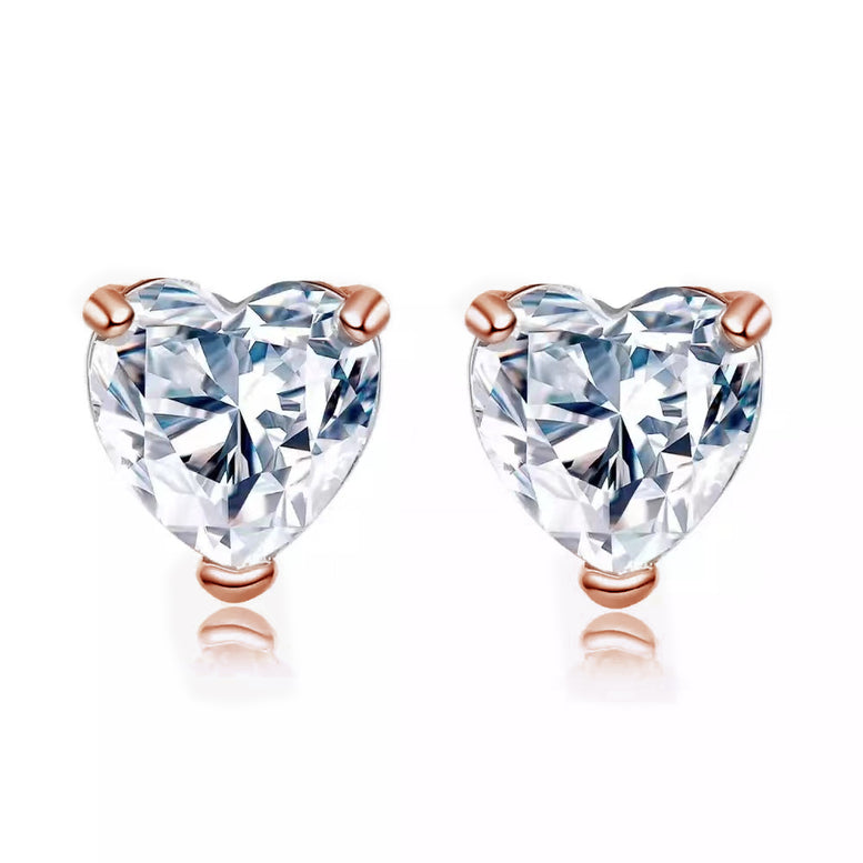 24k Rose Gold Plated 1 Carat Heart Created White Sapphire Stud Earrings