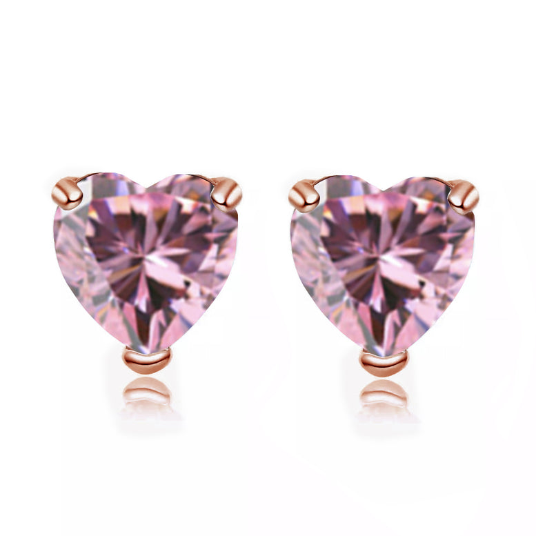 14k Rose Gold Plated 3 Carat Heart Created Pink Sapphire Stud Earrings