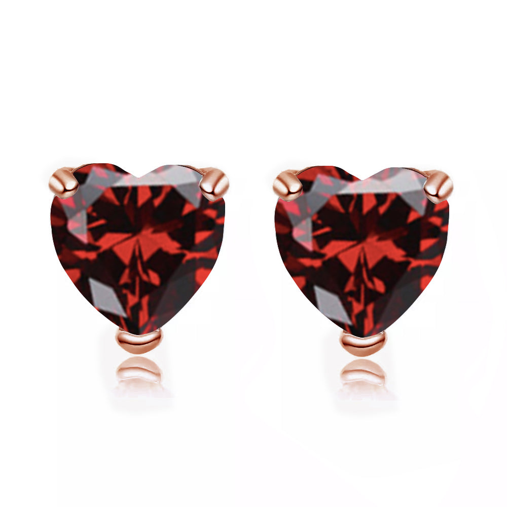 14k Rose Gold Plated 1 Carat Heart Created Garnet Sapphire Stud Earrings